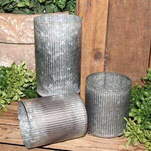 NEW Set of Rustic Corrugated Metal Zinc Farmhouse Cylinder Can Vases Pots